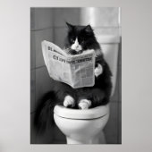 Funny Cat Newspaper Print, Whimsical Bathroom Wall ポスター (正面)