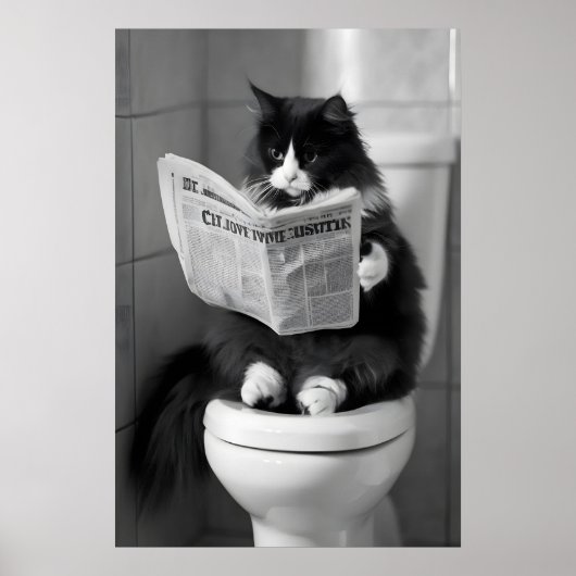 Funny Cat Newspaper Print, Whimsical Bathroom Wall ポスター (正面)