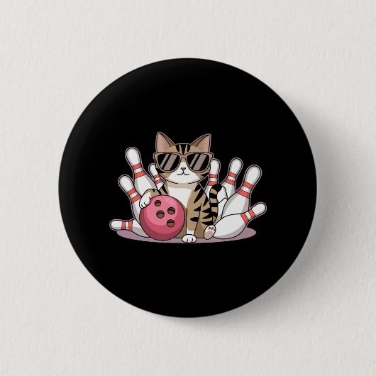 Funny Cat Playing Bowling Cool Cat With Sungles  缶バッジ (正面)