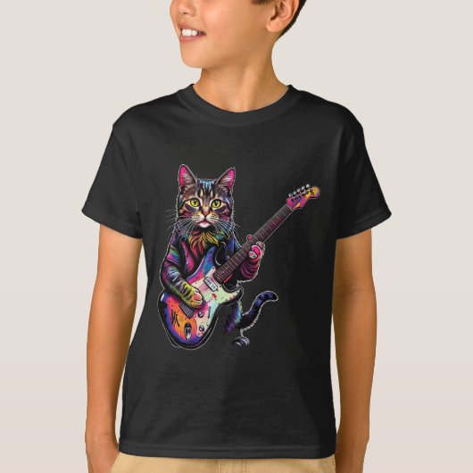 Funny Cat Playing Guitar Rock And Roll Men Women K Tシャツ (正面)