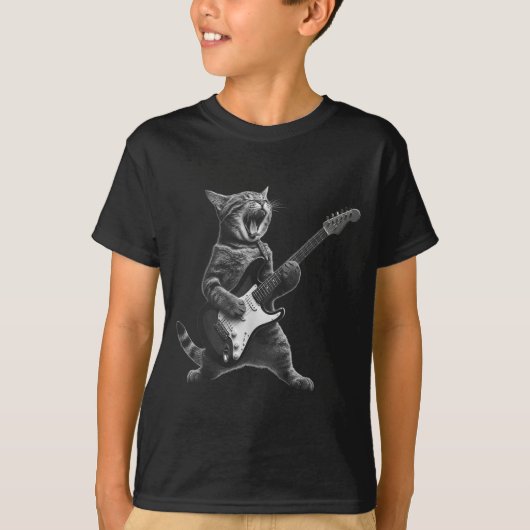 Funny Cat Playing Guitar Rock And Roll Men Women K Tシャツ (正面)