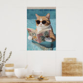 Funny Cat Pool Party Poster Bathroom Wall Art (No ポスター (キッチン)