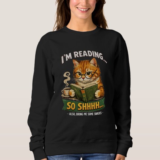Funny Cat Reading Book Black Sweatshirt | Retro スウェットシャツ (正面)
