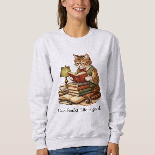 Funny Cat Reading Books Sweatshirt – Retro Design スウェットシャツ (正面)