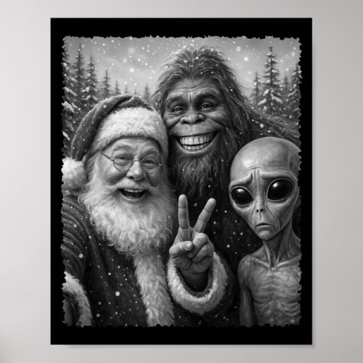 Funny Cat Santa Bigfoot Alien Christmas Selfie Tee ポスター (正面)