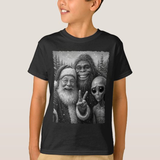 Funny Cat Santa Bigfoot Alien Christmas Selfie Tee Tシャツ (正面)