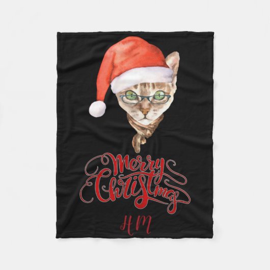 Funny Cat Santa Winter Merry Christmas T Shirt  フリースブランケット (正面)