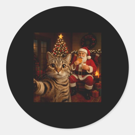 Funny Cat Selfie Santa Claus Eating Cookies Christ ラウンドシール (正面)
