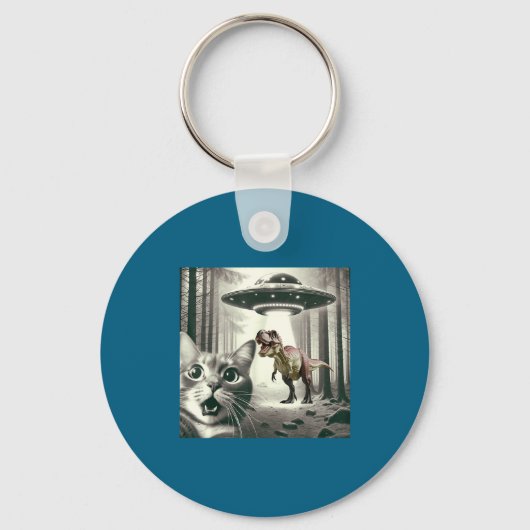 Funny Cat Selfie With Alien Ufo And T-rex Dinosaur キーホルダー (正面)