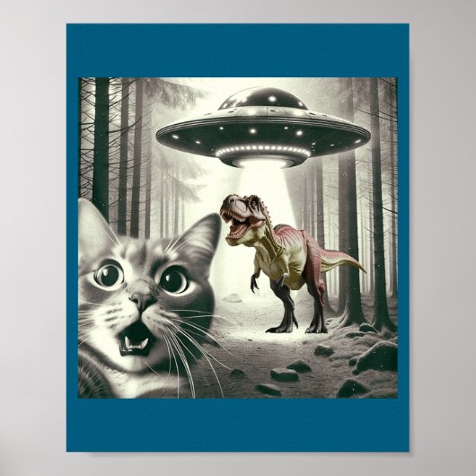 Funny Cat Selfie With Alien Ufo And T-rex Dinosaur ポスター (正面)