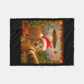 Funny Cat Selfie With Alien Ufo Christmas Lights S フリースブランケット (正面(横))