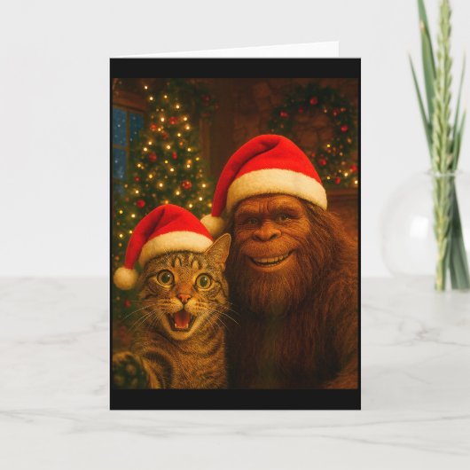 Funny Cat Selfie With Bigfoot Christmas Sasquatch カード (正面)