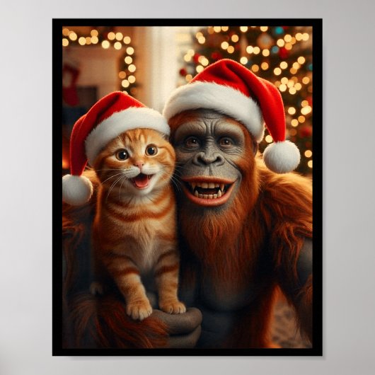 Funny Cat Selfie With Bigfoot Christmas Sasquatch ポスター (正面)