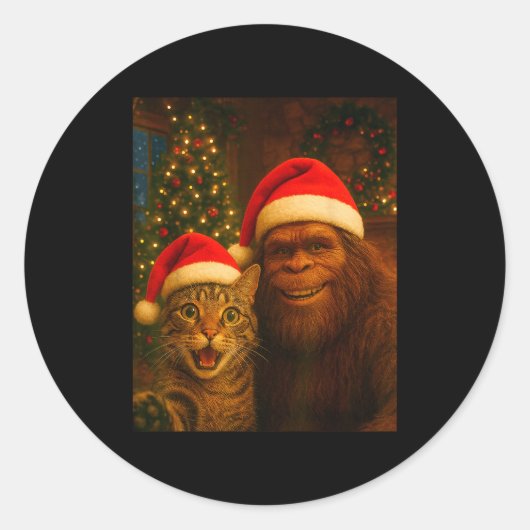 Funny Cat Selfie With Bigfoot Christmas Sasquatch  ラウンドシール (正面)