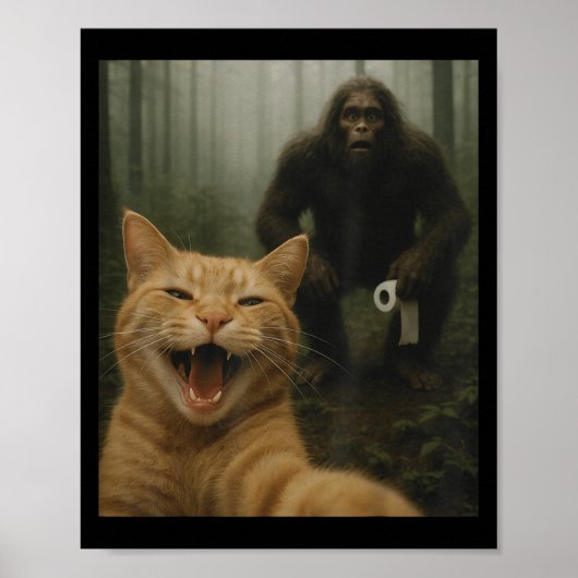 Funny Cat Surprised Happy Selfie With Bigfoot Sasq ポスター (正面)