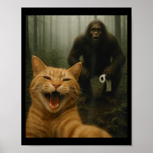 Funny Cat Surprised Happy Selfie With Bigfoot Sasq ポスター (正面)