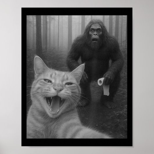 Funny Cat Surprised Happy Selfie With Bigfoot Sasq ポスター (正面)