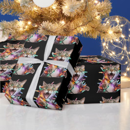 Funny Cat Tangled in Christmas Lights ラッピングペーパー