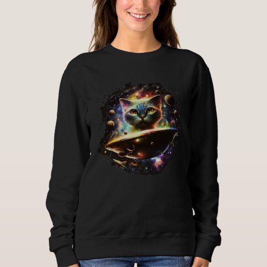 Funny Cat Tee, Galaxy Cat Spaceship Alien Cat 1 スウェットシャツ (正面)