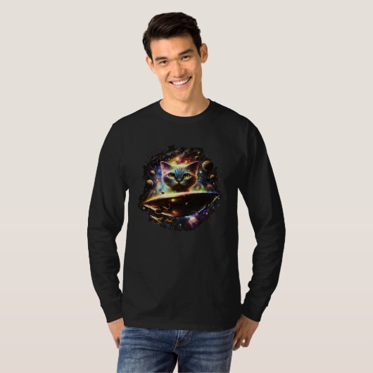 Funny Cat Tee, Galaxy Cat Spaceship Alien Cat 1 Tシャツ (正面フル)