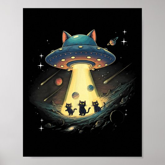 Funny Cat Ufo Cute Kitty Space Spaceship Alien Aes ポスター (正面)