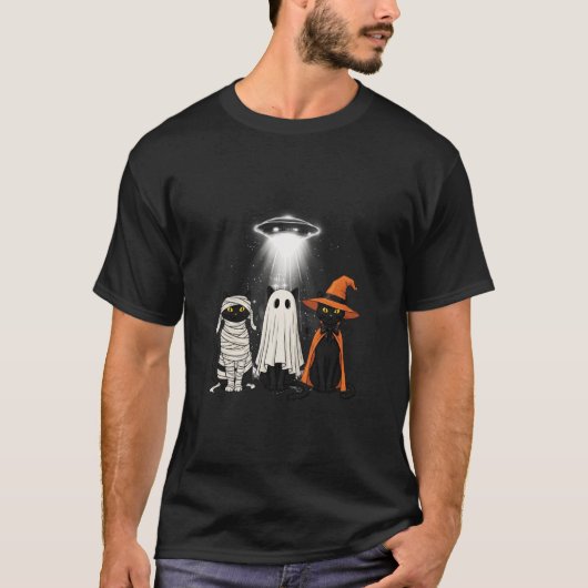 Funny Cat UFO Three Kitty Space Spaceship Alien Ha Tシャツ (正面)