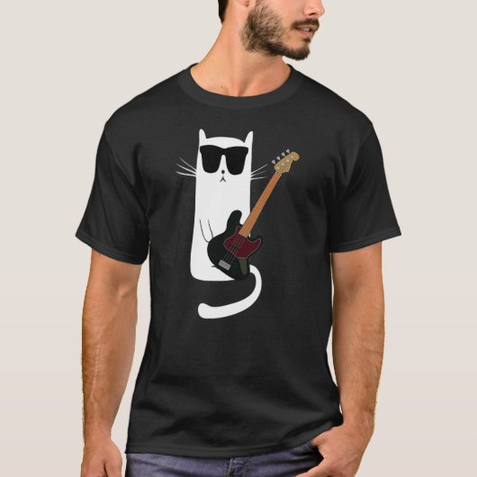 Funny Cat Wearing Sunglasses Playing Bass Guitar Tシャツ (正面)