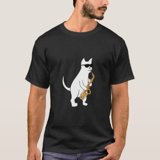 Funny Cat Wearing Sunglasses Playing Saxophone  Tシャツ