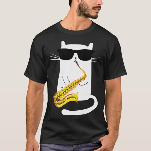 Funny Cat Wearing Sunglasses Playing Saxophone Tシャツ (正面)