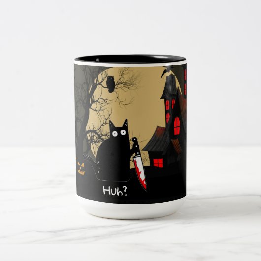 Funny Cat With Knife Custom Text Halloween Mug ツートーンマグカップ (中央)