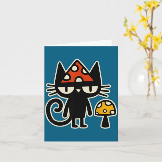 Funny Cat With Mushroom Hat Black Cat With Toadsto カード (黄色い花)