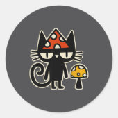 Funny Cat With Mushroom Hat Black Cat With Toadsto ラウンドシール (正面)