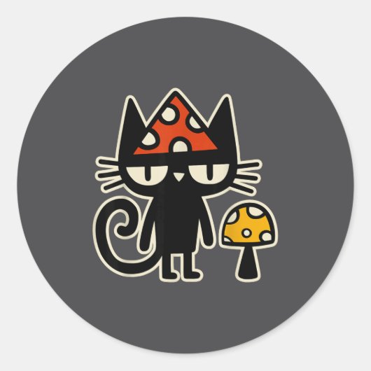 Funny Cat With Mushroom Hat Black Cat With Toadsto ラウンドシール (正面)