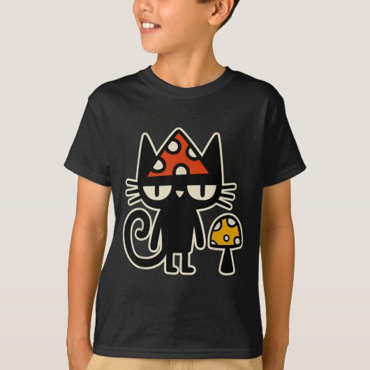 Funny Cat With Mushroom Hat Black Cat With Toadsto Tシャツ (正面)