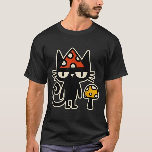 Funny Cat With Mushroom Hat Black Cat With Toadsto Tシャツ (正面)