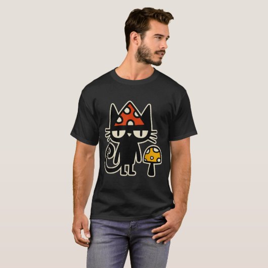 Funny Cat With Mushroom Hat Black Cat With Toadsto Tシャツ (正面フル)