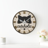 Funny Cataholic Cat ラージ壁時計 (ホーム)