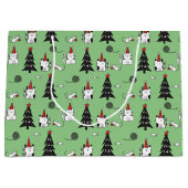 Funny Cats Christmas pattern green ラージペーパーバッグ (正面)