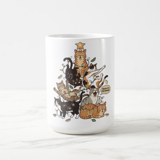 Funny Cats Christmas Tree Tangled Lights Holiday コーヒーマグカップ (中央)