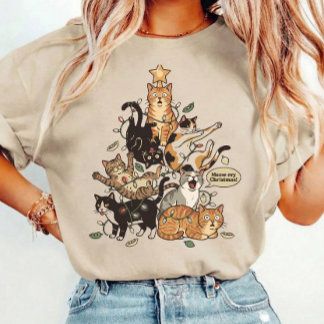 Funny Cats Christmas Tree Tangled Lights Holiday Tシャツ