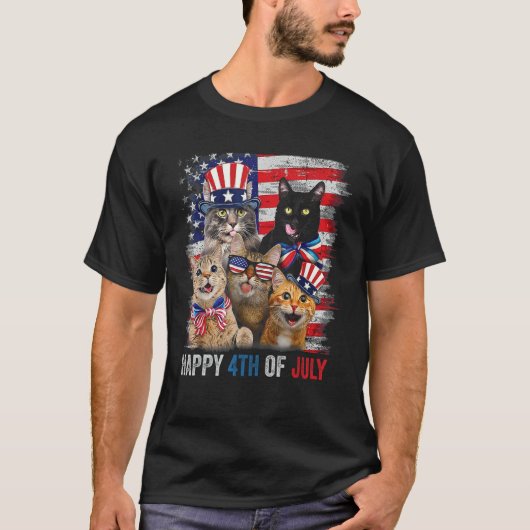 Funny Cats Happy 4th Of July American US Flag 4th Tシャツ (正面)
