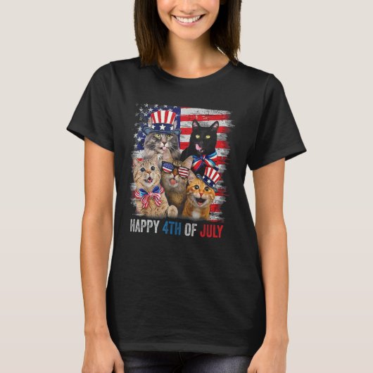 Funny Cats Happy 4th Of July American US Flag 4th Tシャツ (正面)