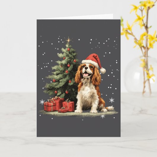 Funny Cavalier King Charles Spaniel Dog Xmas Tree  カード (黄色い花)