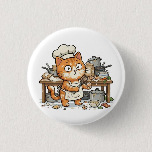 Funny Chef Cat Messy Kitchen Button 缶バッジ (正面)