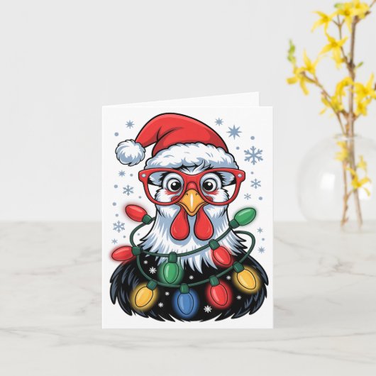 Funny Chicken Christmas Tree Lights Santa Hat Xmas カード (黄色い花)