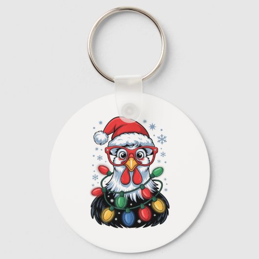 Funny Chicken Christmas Tree Lights Santa Hat Xmas キーホルダー (正面)
