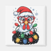 Funny Chicken Christmas Tree Lights Santa Hat Xmas マグネット (正面)