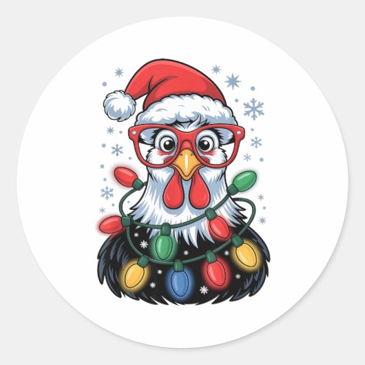 Funny Chicken Christmas Tree Lights Santa Hat Xmas ラウンドシール (正面)
