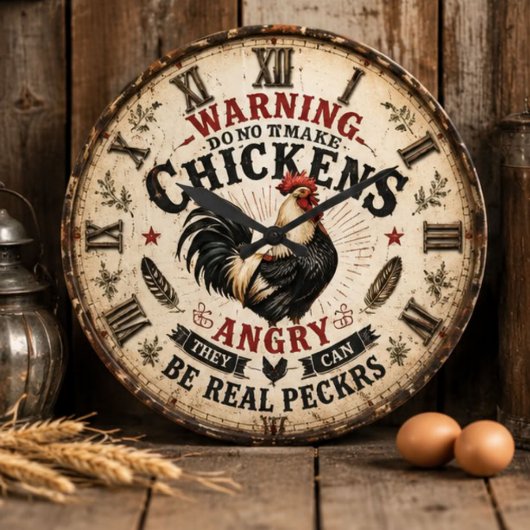 Funny Chicken Farmhouse Rooster ラージ壁時計