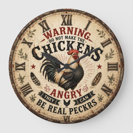 Funny Chicken Farmhouse Rooster ラージ壁時計 (正面)